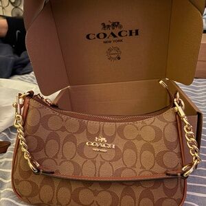 Coach Brown and Tan Signature Shoulder Bag